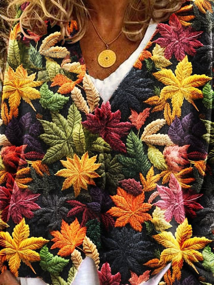 Autumn Maple Leaves Pattern Art Print Buttoned V-neck Cardigan Sweater