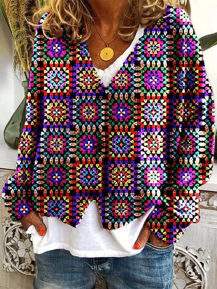 Flower Pattern Art Print Buttoned V-neck Cardigan Sweater