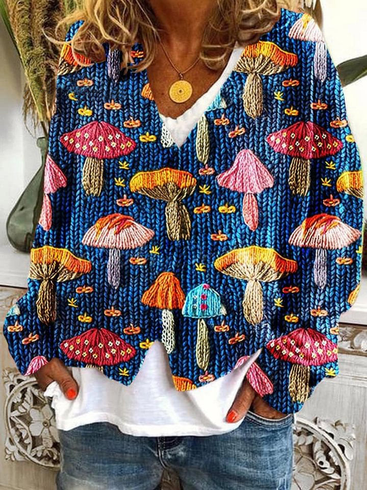 Mushroom Pattern Art Print Buttoned V-neck Cardigan Sweater
