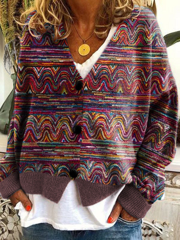 Retro Geometry Print Buttoned Casual Cardigan  Sweater