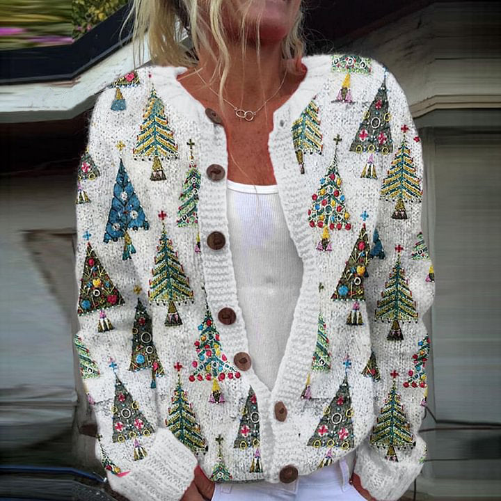 Vintage Christmas Tree Pattern Printed Comfortable Sweater Knit Cardigan