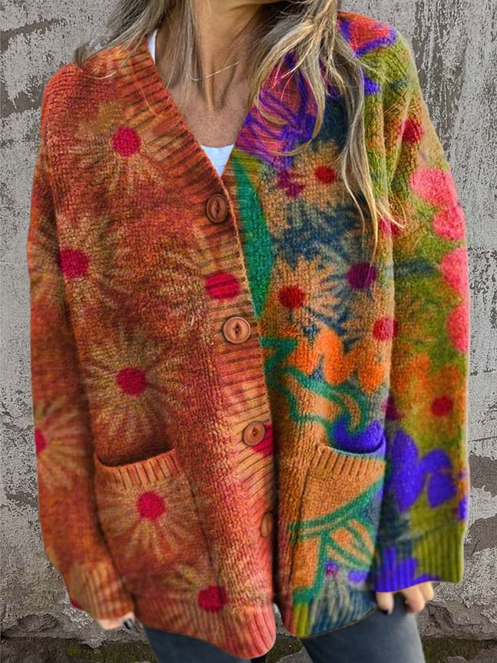 Women's Retro Contrast Floral Patchwork Print Buttoned Cardigan Sweater