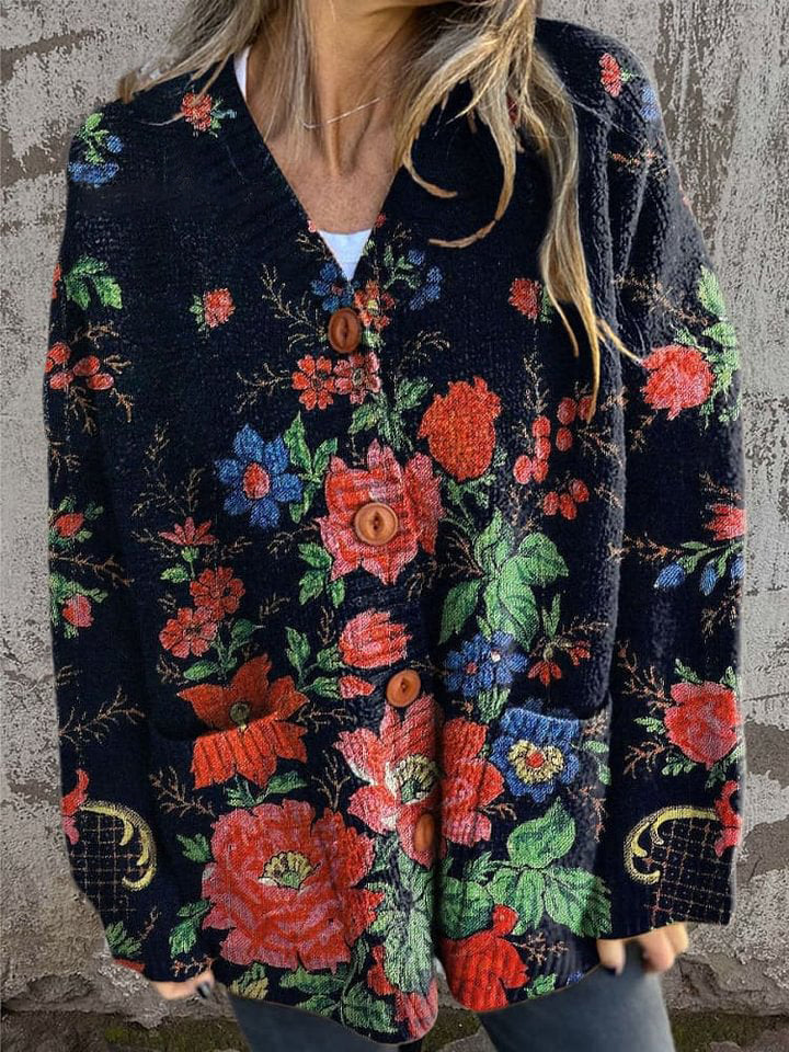 Vintage Lovely Floral Art Print Buttoned Cardigan Sweater