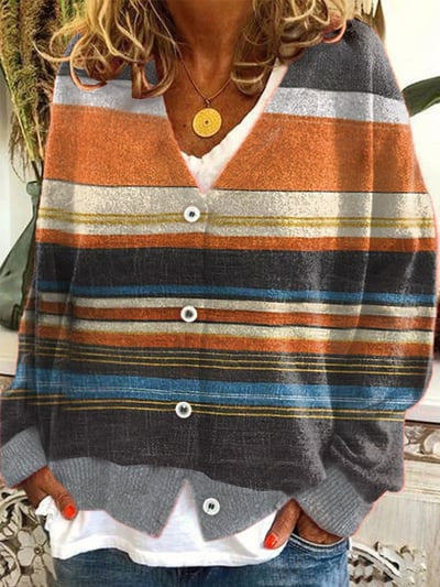 Retro Geometry Print Buttoned Casual Cardigan  Sweater