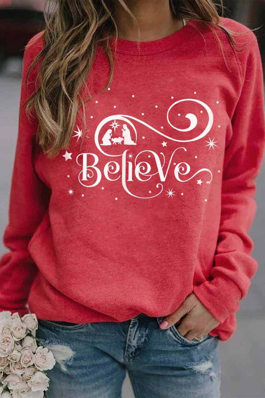 Believe Christmas Print Long Sleeves Sweatshirt