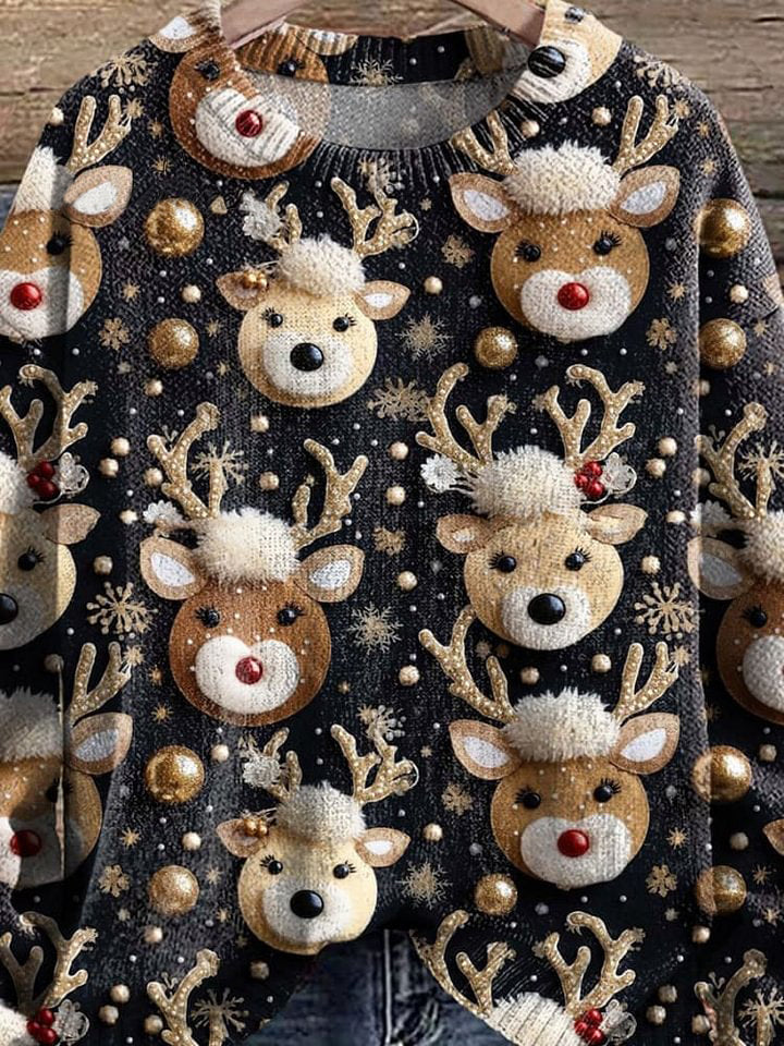Christmas Reindeer Cute Reindeer Christmas Animals Print Knit Pullover Sweater