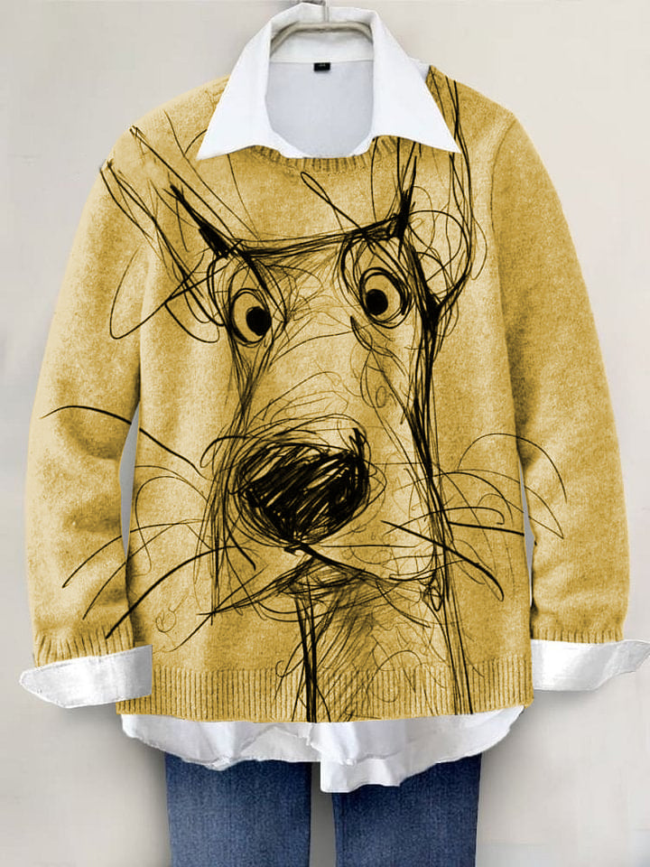 Cute Dog Hand-painted Art Print Knit Pullover Sweater