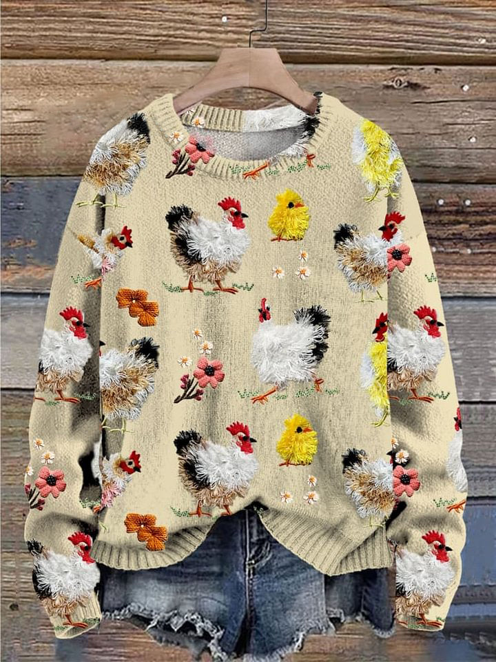 Farm Cute Animals Chicken Embroidery Simulation Print Knit Pullover Sweater