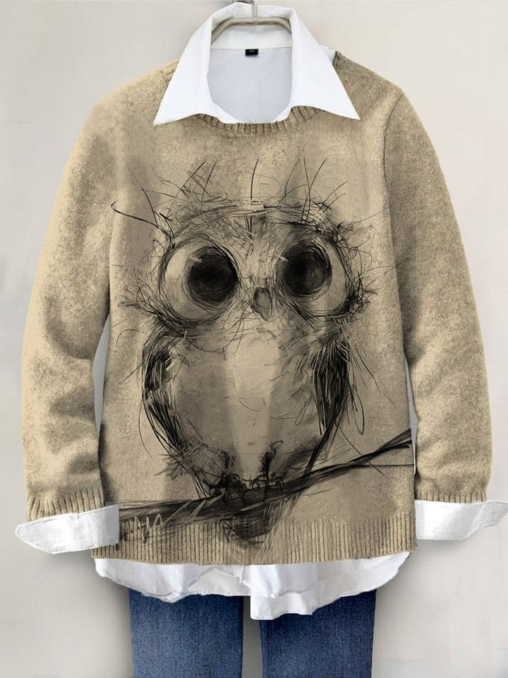 Owl Hand-painted Art Print Knit Pullover Sweater