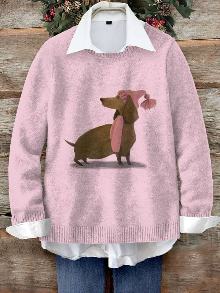 Dachshund Dog In Pink Winter Art Print Knit Pullover Sweater