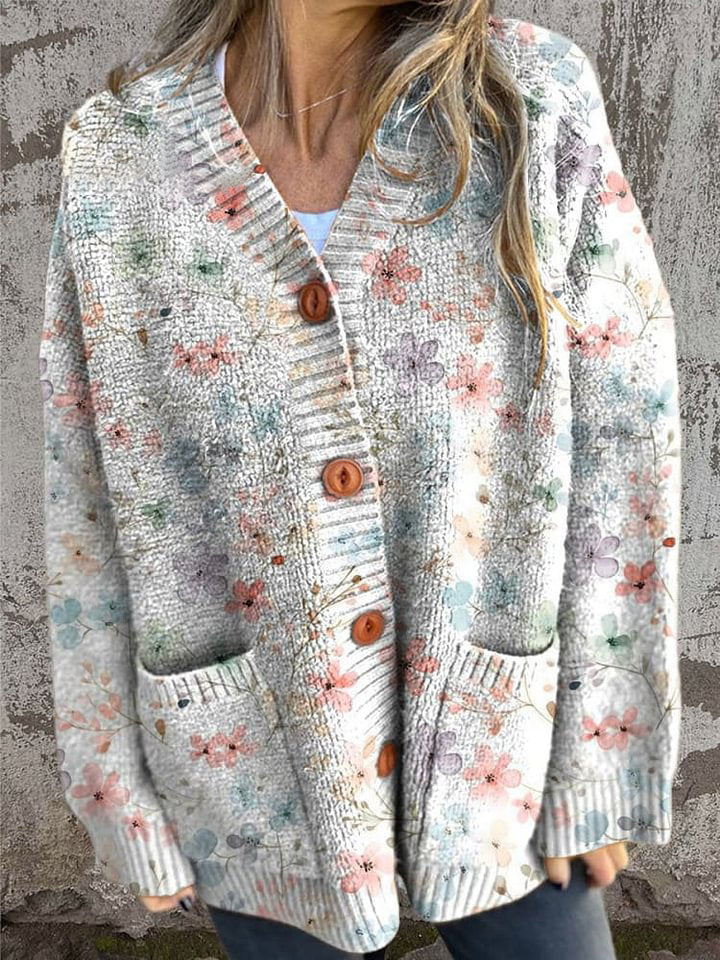 Lovely Floral Art Print Buttoned Cardigan Sweater