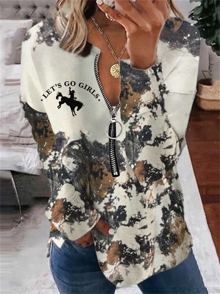 Retro printed round neck half zip long sleeved sweatshirt