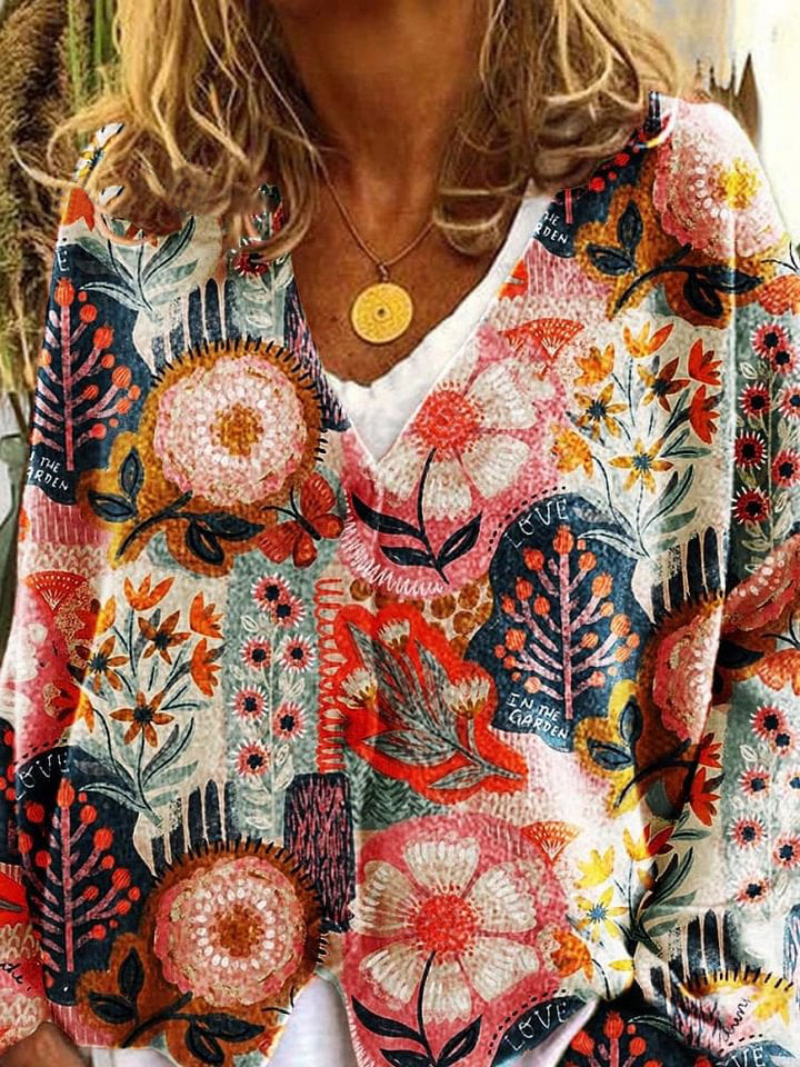Flower Pattern Art Print Buttoned V-neck Cardigan Sweater