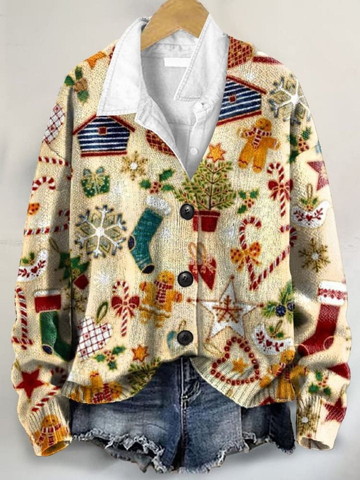 Christmas Retro Pattern Art Print Buttoned V-neck Cardigan Sweater
