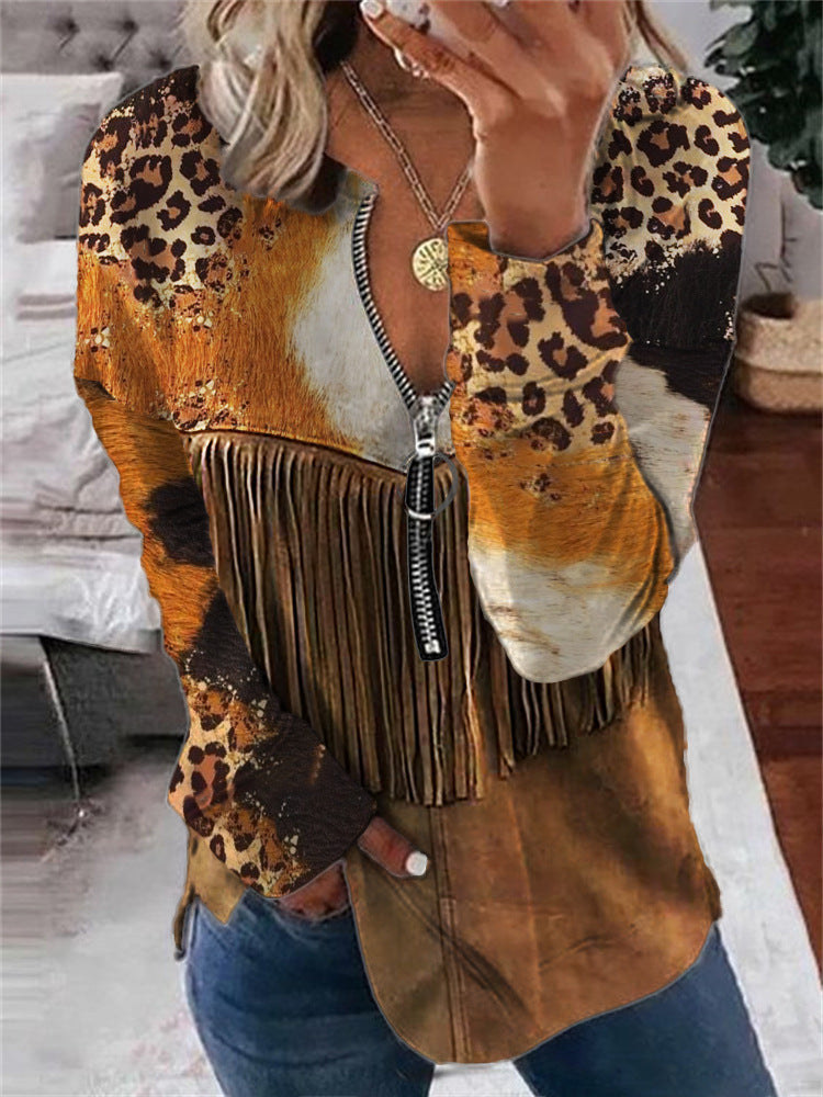 Brown tassel round neck half zip long sleeved sweatshirt