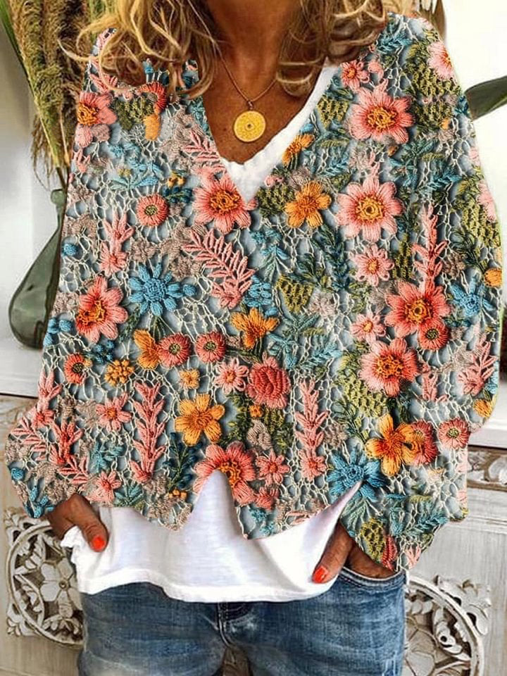 Flower Pattern Art Print Buttoned V-neck Cardigan Sweater