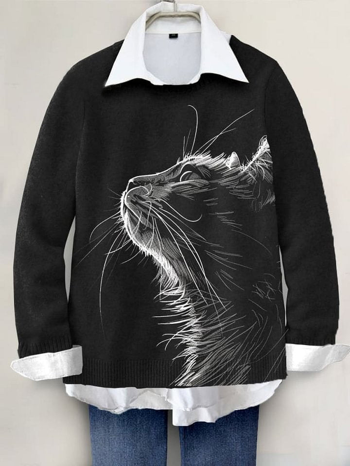 Cat Art Print Knit Pullover Sweater
