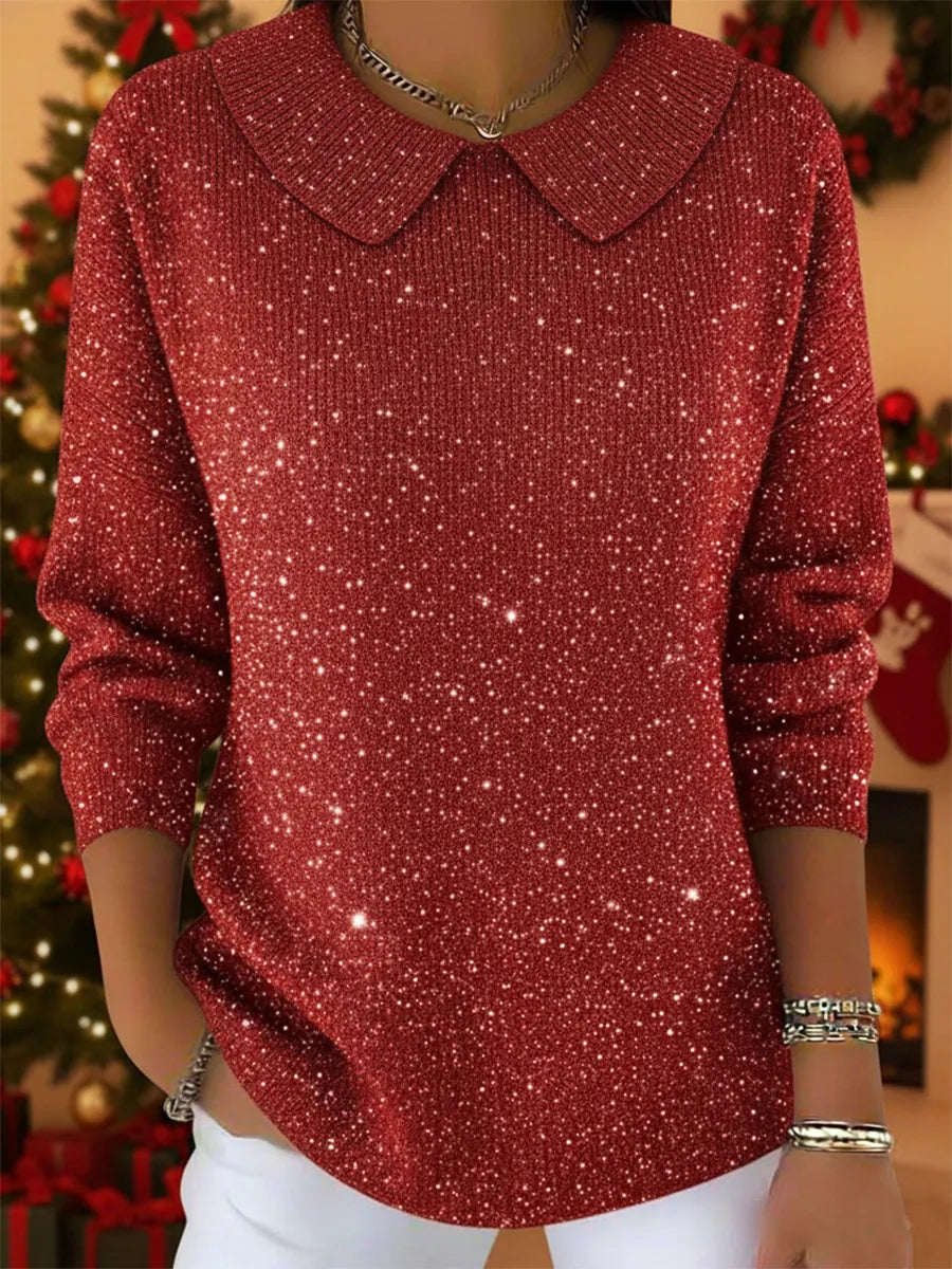 Retro Christmas Peter Pan Collar Sparkling Knit Sweater Top
