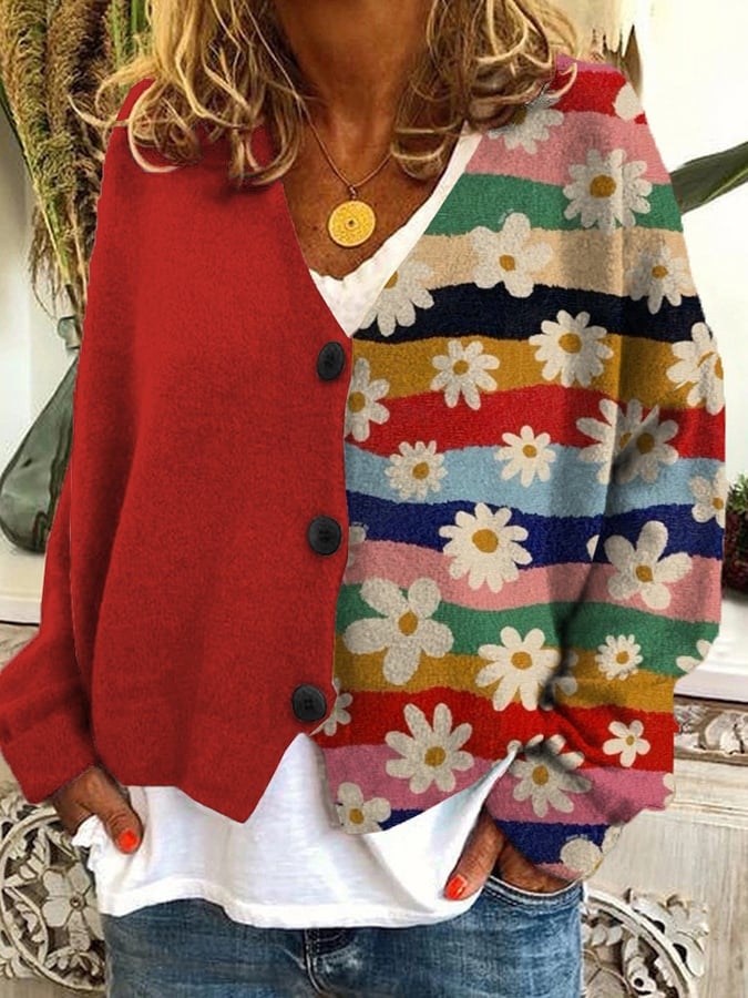 Floral Print Buttoned Casual Cardigan  Sweater