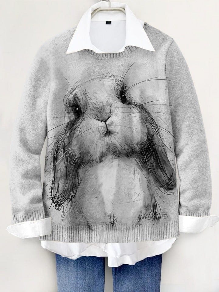 Cute Rabbit Hand-painted Art Print Knit Pullover Sweater