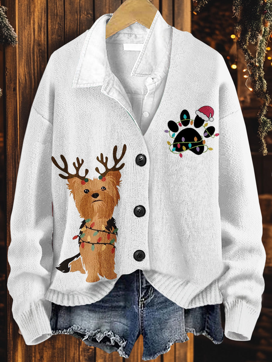 Dog Art Print Button V Neck Cardigan Sweater