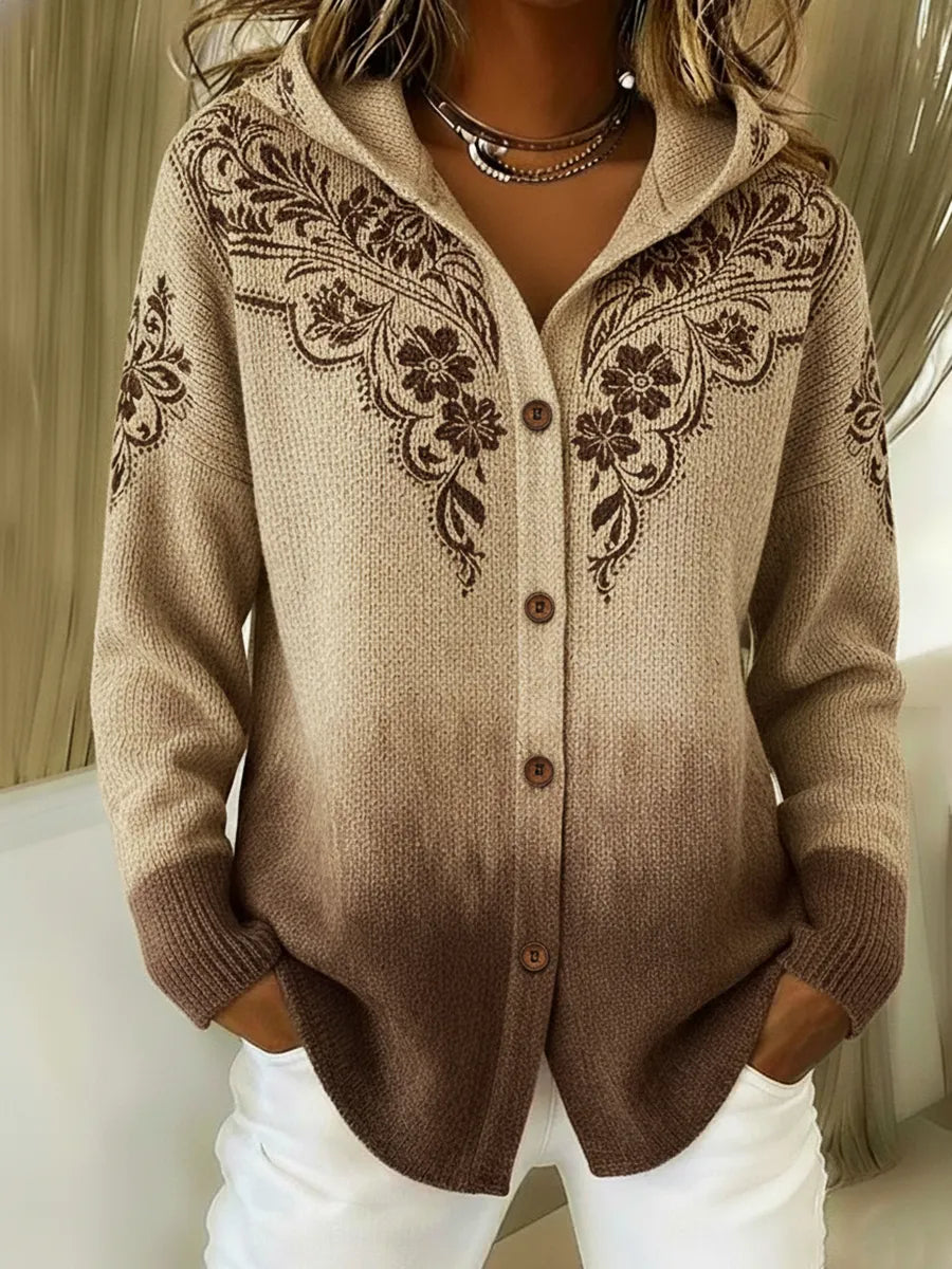 Vintage Perris Floral Print Hooded Button-Down Cardigan Sweater