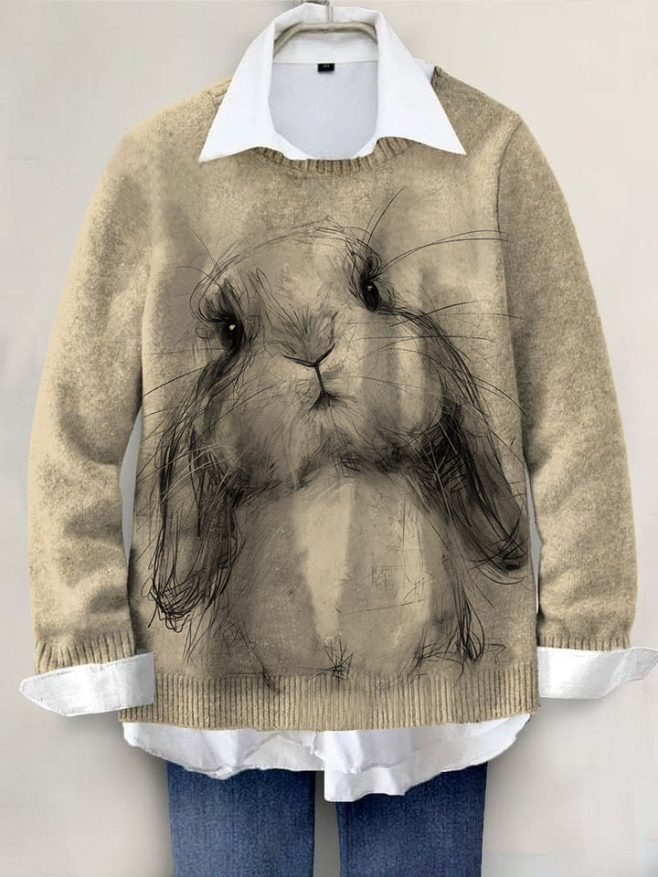 Cute Rabbit Hand-painted Art Print Knit Pullover Sweater