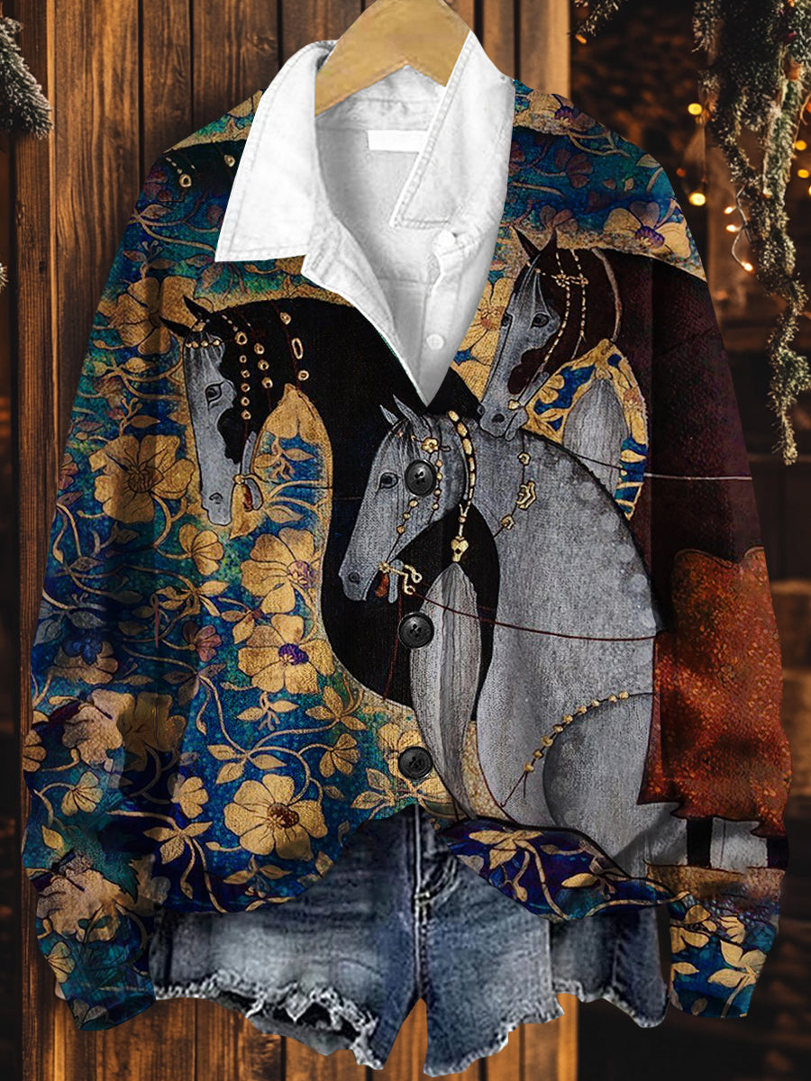 Vintage Horse Art Print Button V Neck Cardigan Sweater