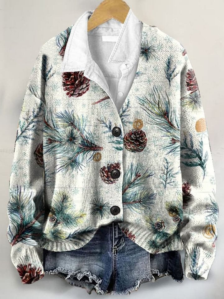 Christmas Fruit Art Print Buttoned V-neck Cardigan Sweater