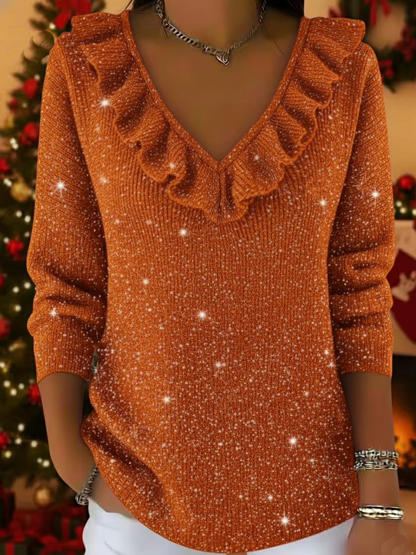 Christmas Elegant V-neck Ruffled Sparkly Sweater Top