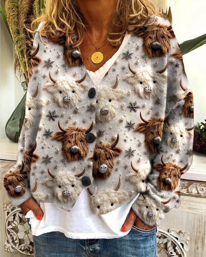 Highland Cattle Print Buttoned Casual Cardigan  Sweater