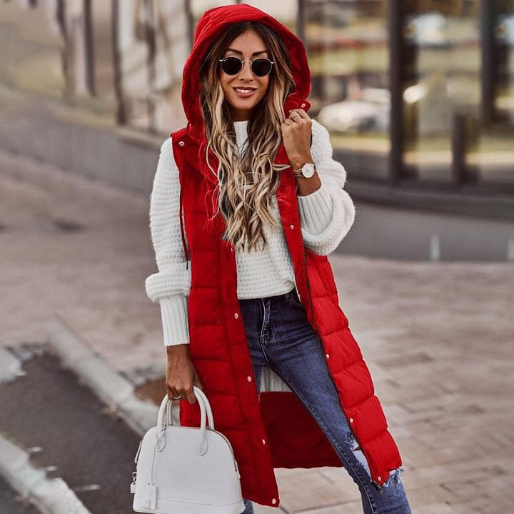 Women's Casaul Stylish Hooded Single Breasted Mid Length Cotton Vest Cardigan Jacket Coat