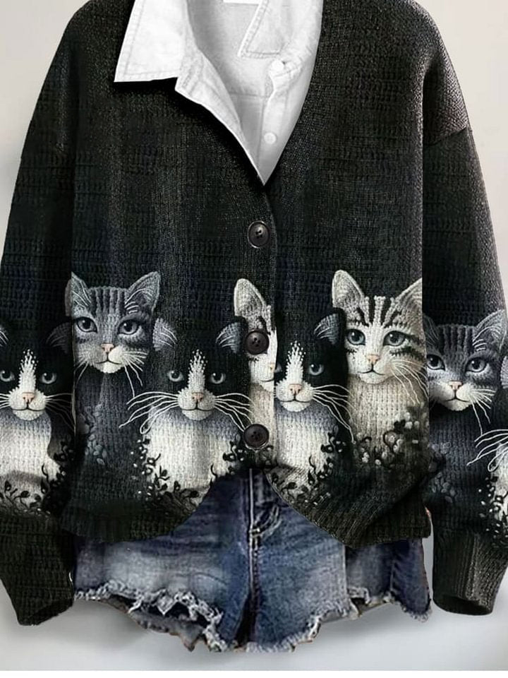 Cat Art Print Buttoned V-neck Cardigan Sweater