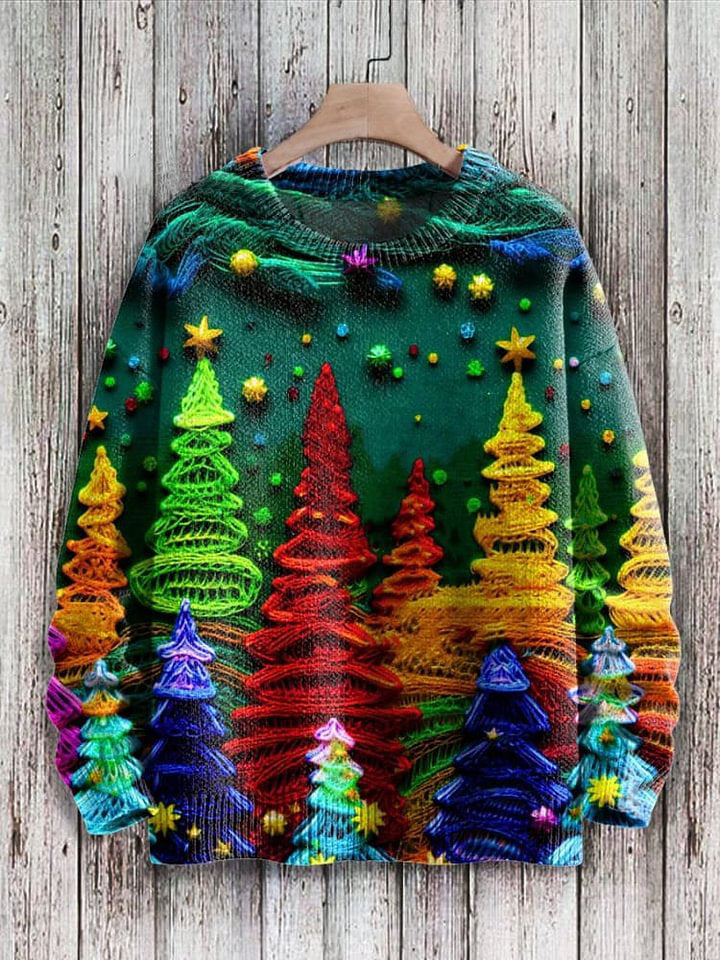 Rainbow Color Christmas Tree Print Knit Pullover Sweater