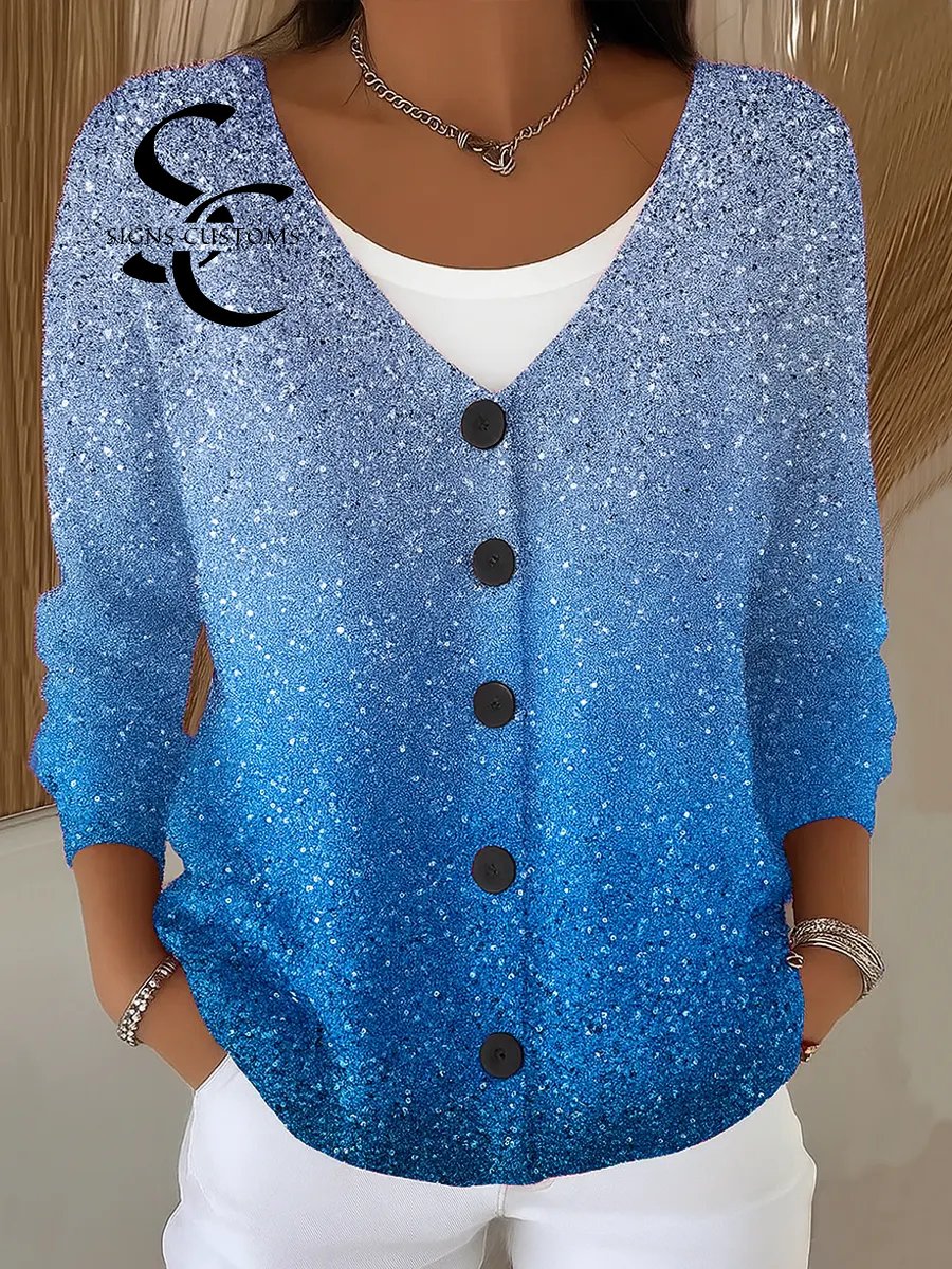 Women's Gradient Print V-Neck Long Sleeve Casual Loose Sequined Top