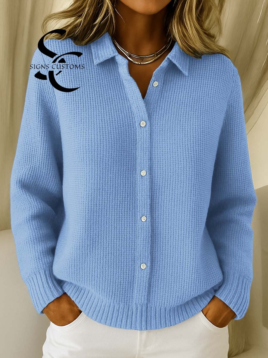 Women's Solid Color Shirt Collar Long Sleeve Waffle Knit Cardigan