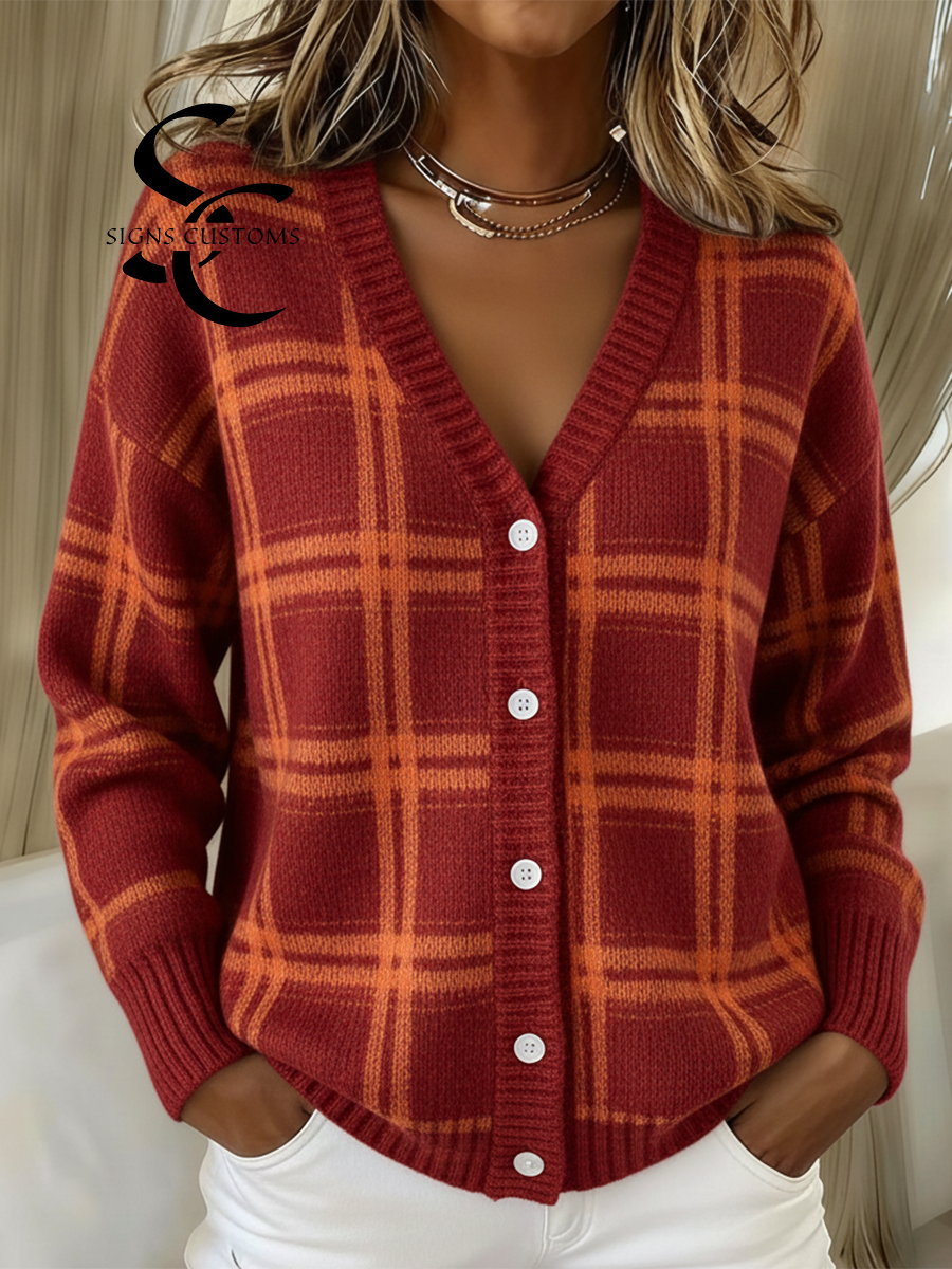 Retro Soft Plaid Contrast Color V-Neck Button Knit Cardigan