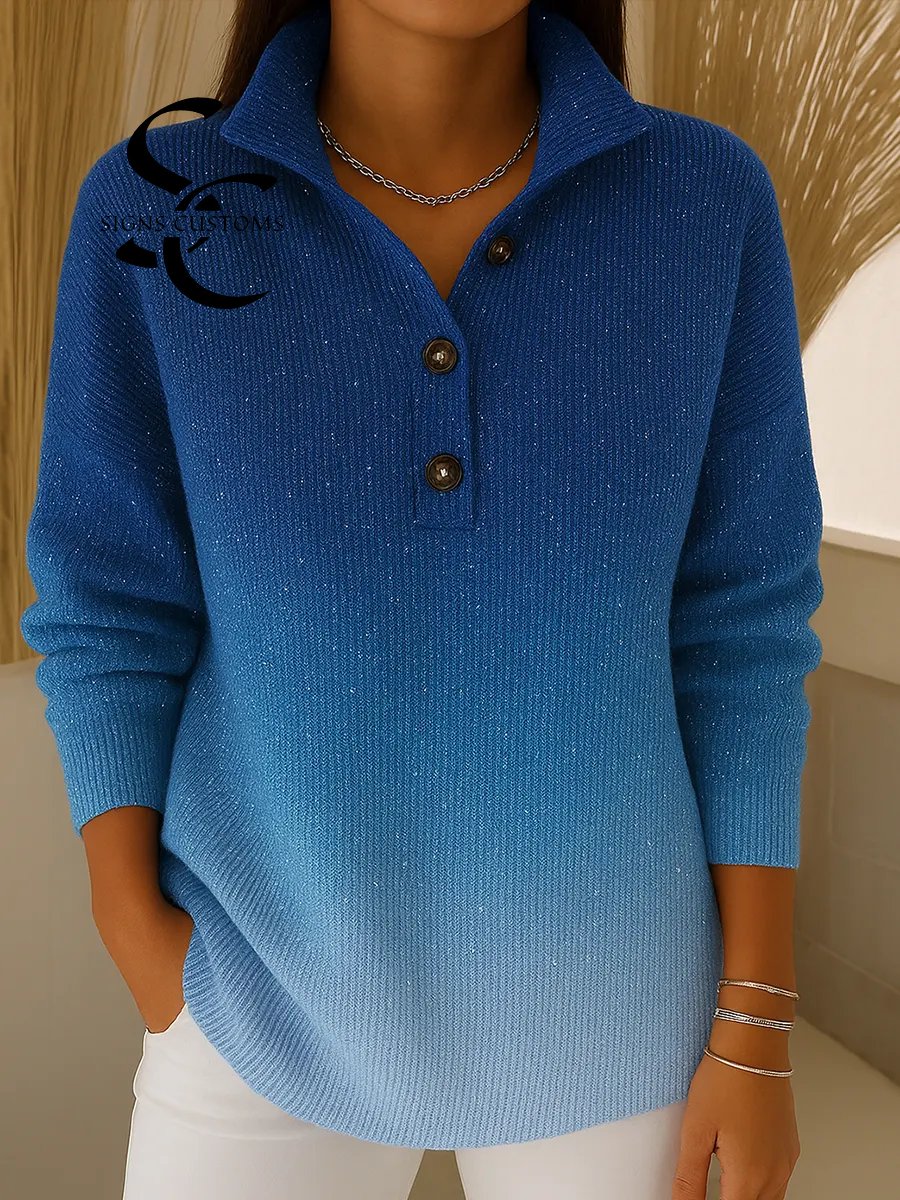 Women's Gradient Print Collared Long Sleeve Casual Loose Sequined Knit Cardigan