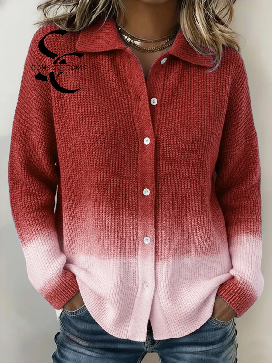 Casual Gradient Blue Shirt Button Knit Sweater