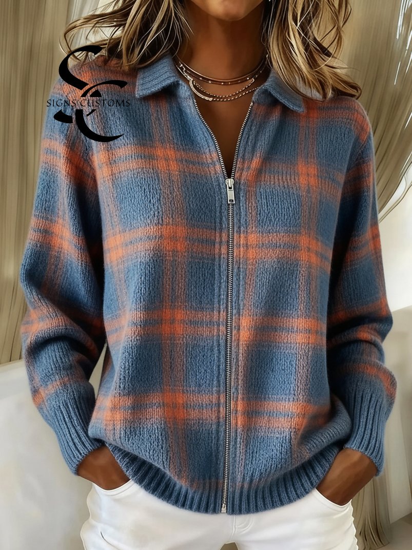 Contrast Plaid Polo Collar Zip-up Cardigan