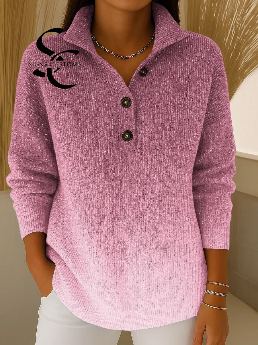 Women's Gradient Print Collared Long Sleeve Casual Loose Sequined Knit Cardigan