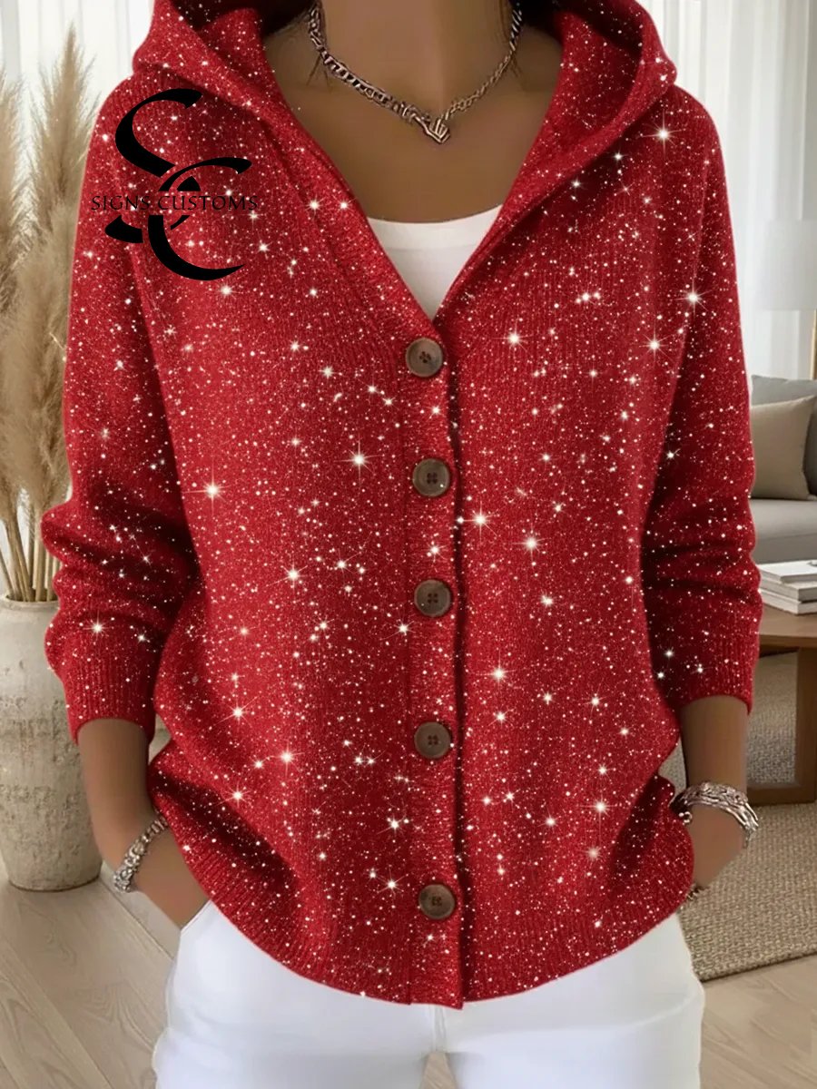 Casual Christmas Party Glitter Button Hooded Cardigan Sweater