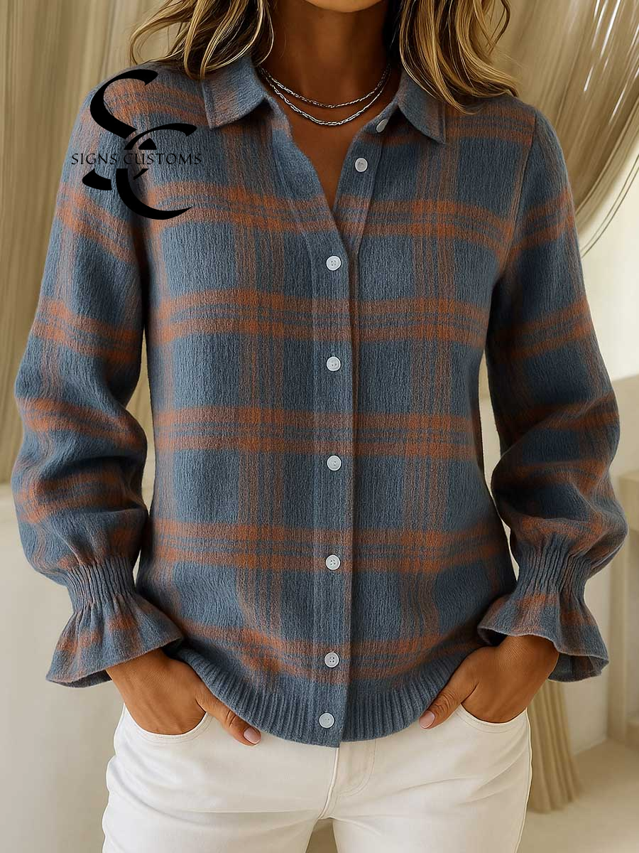 Women's Plaid Print Long Sleeve Casual Loose Cardigan Knit Top