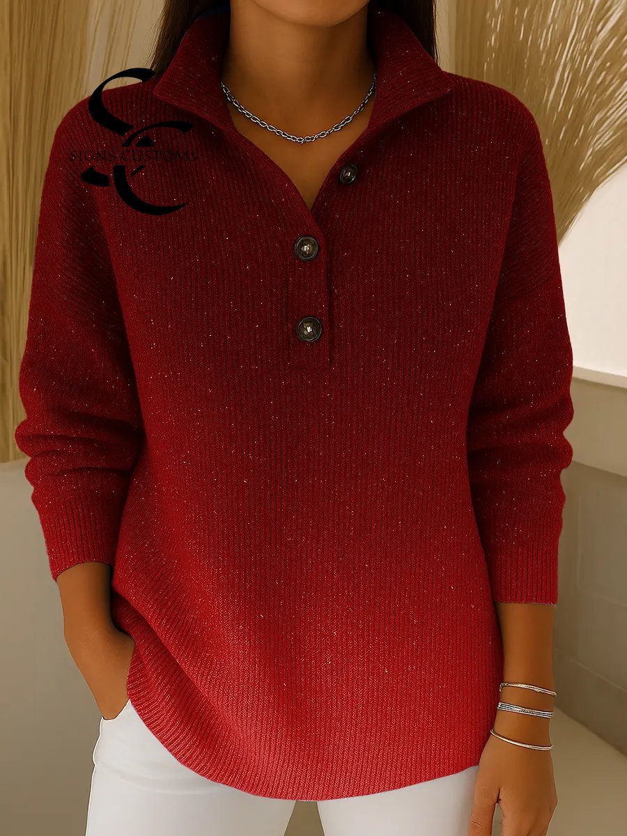 Women's Gradient Print Collared Long Sleeve Casual Loose Sequined Knit Cardigan