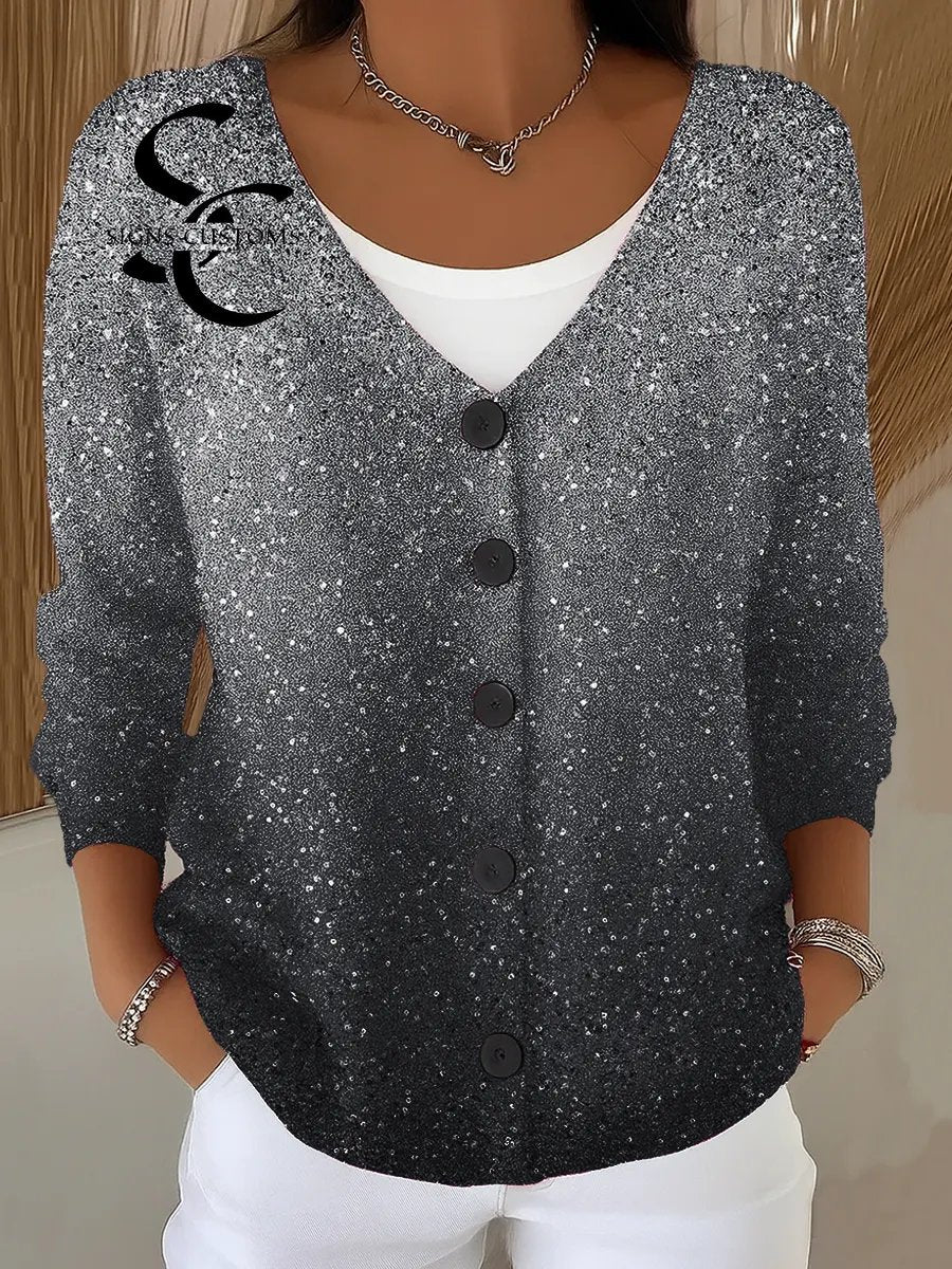 Women's Gradient Print V-Neck Long Sleeve Casual Loose Sequined Top