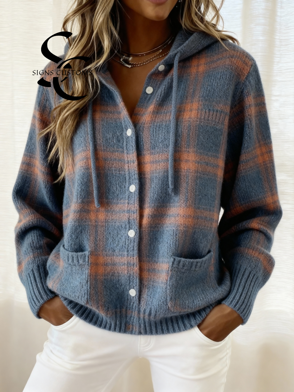 Women's Plaid Print Casual Cotton Buttoned Cardigan Sweater with Pockets