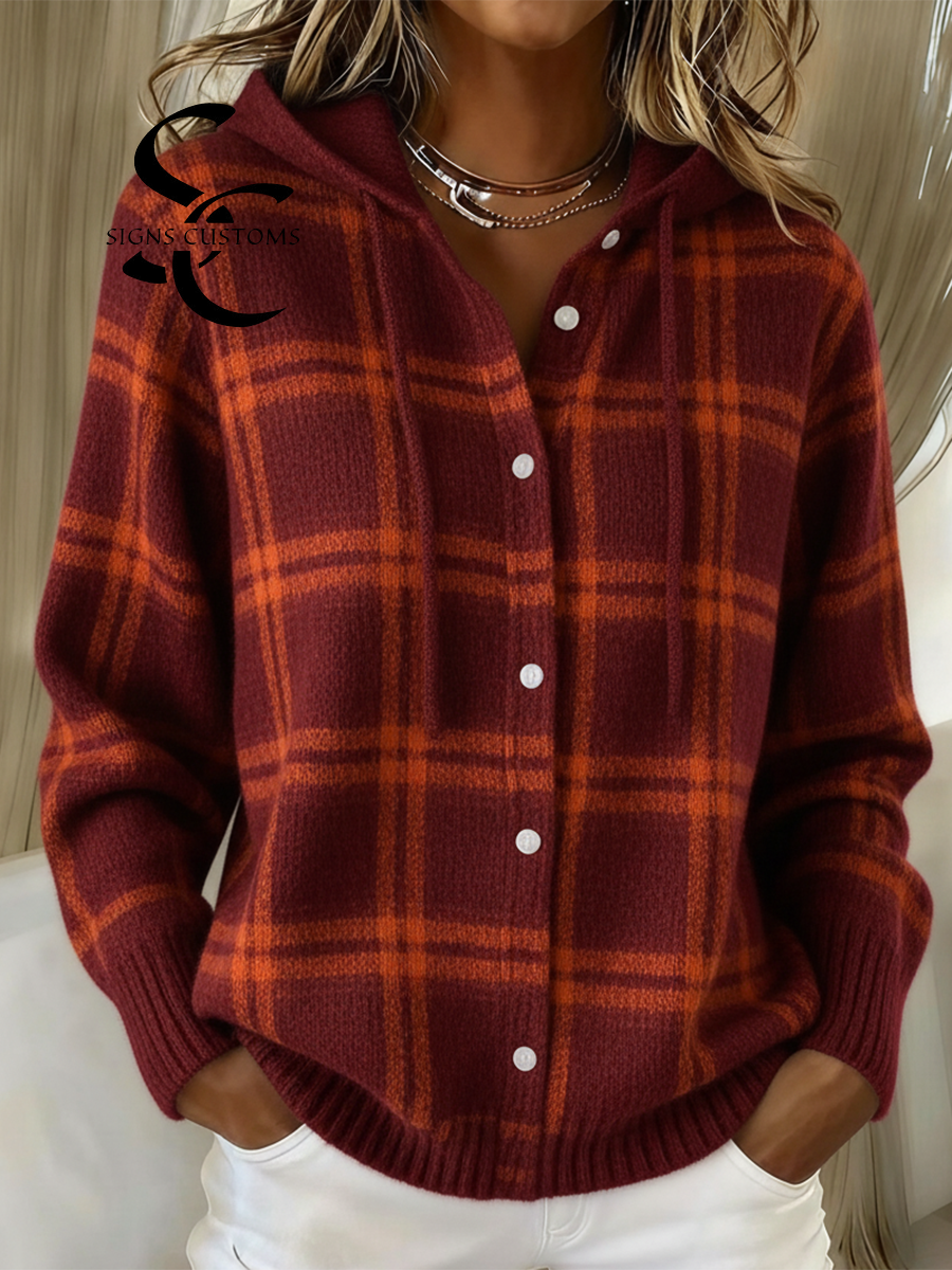 Vintage Soft Check Contrast Hooded Button Knit Cardigan