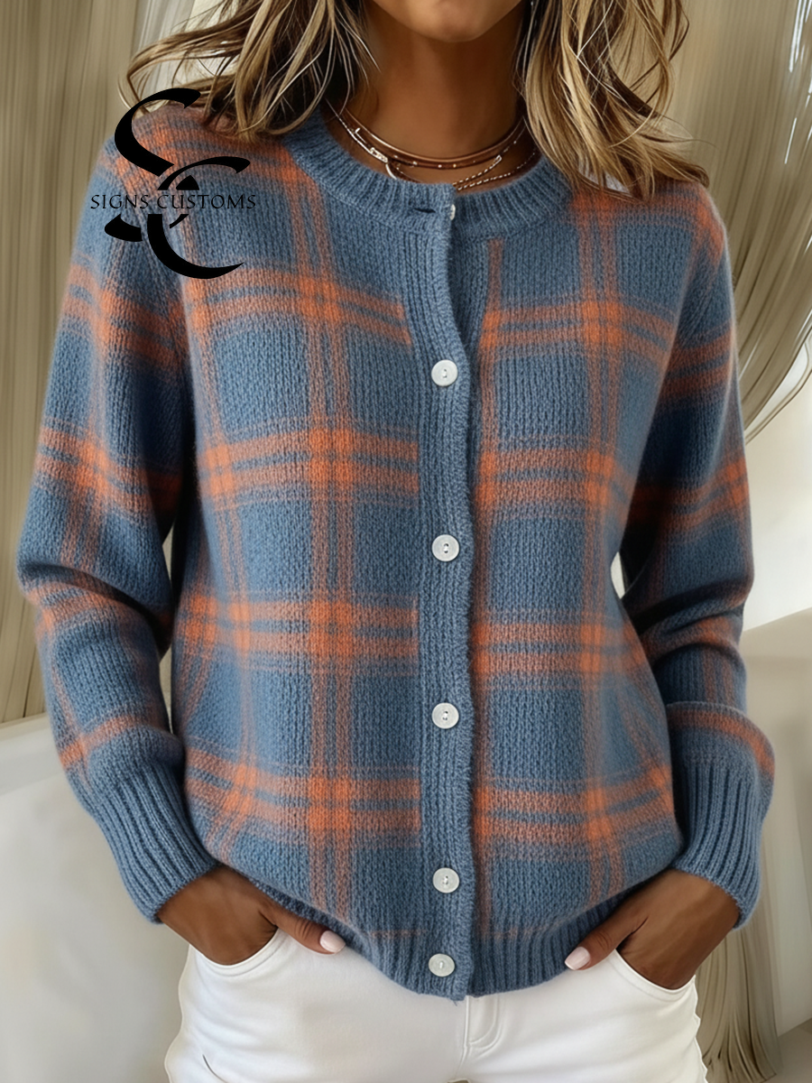 Vintage Soft Plaid Contrast Color Round Neck Button Knit Cardigan Sweater
