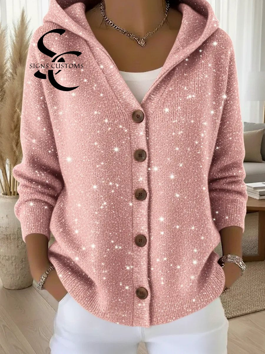 Casual Christmas Party Glitter Button Hooded Cardigan Sweater