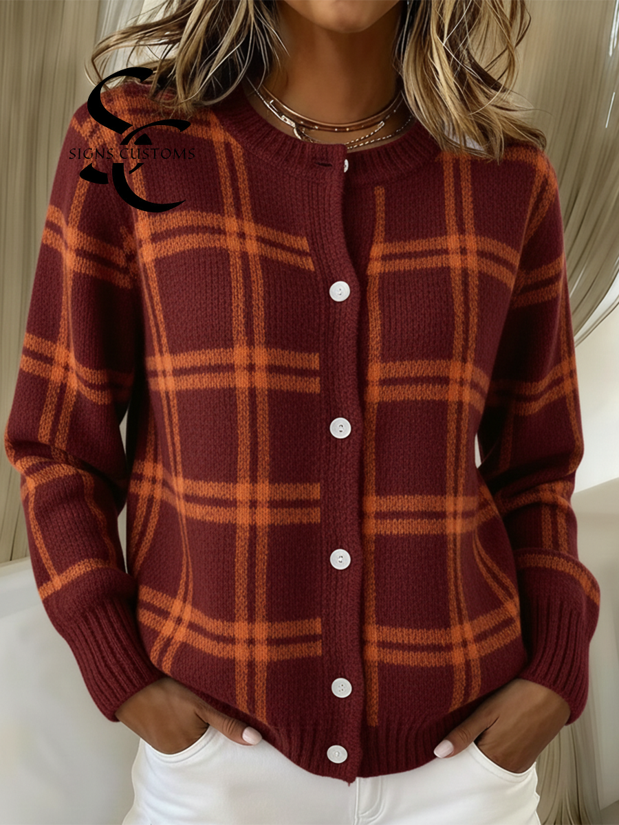 Vintage Soft Plaid Contrast Color Round Neck Button Knit Cardigan Sweater